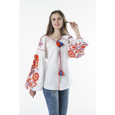 Boho Style Ukrainian Embroidered Folk  Blouse "Boho Birds" orange on white